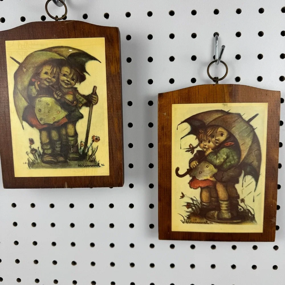 Vintage Hummel Wood Wall Plaques Pair Umbrella Boy and Girl Art Prints Goebel